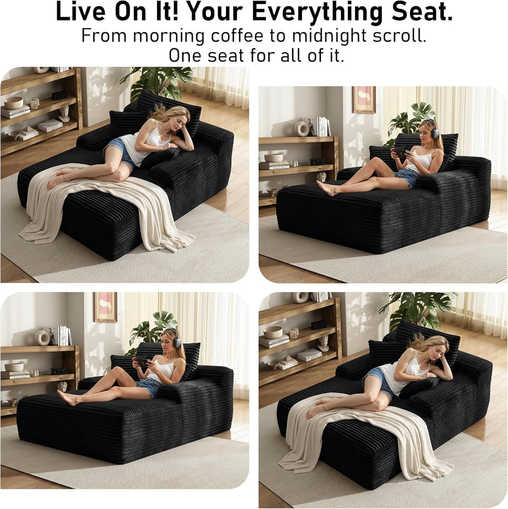 65'' Chaise Lounge Chair Indoor, Black Corduroy Sofa Bed, Lounge Chai...