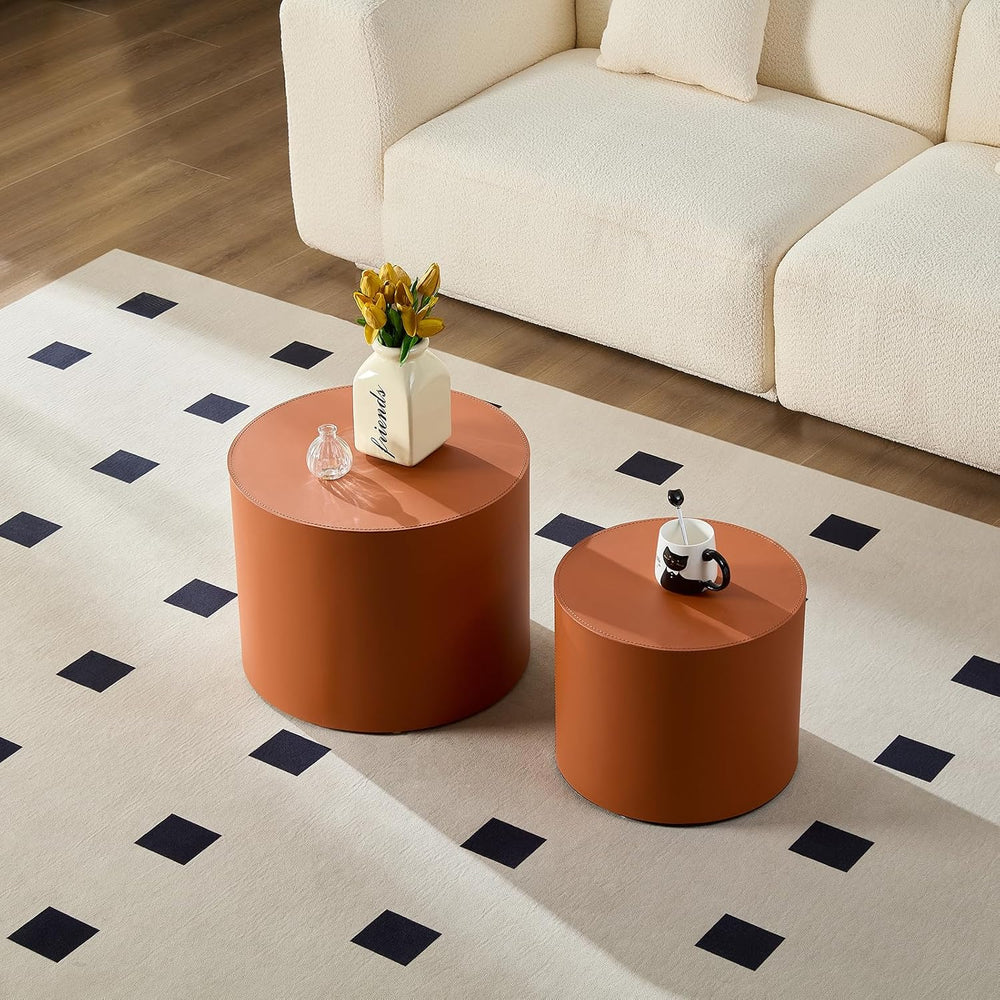 Modern Round Side Table Set of 2, MDF Core with Saddle Leather Upholstery, Cy...