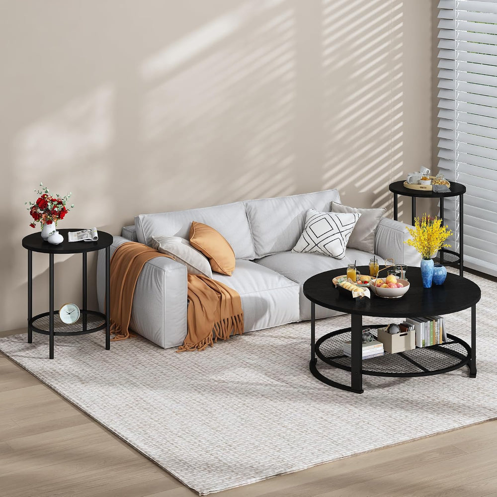 Recaceik Round Coffee Table and End Table Set of 3 with Storage, Modern Vinta...