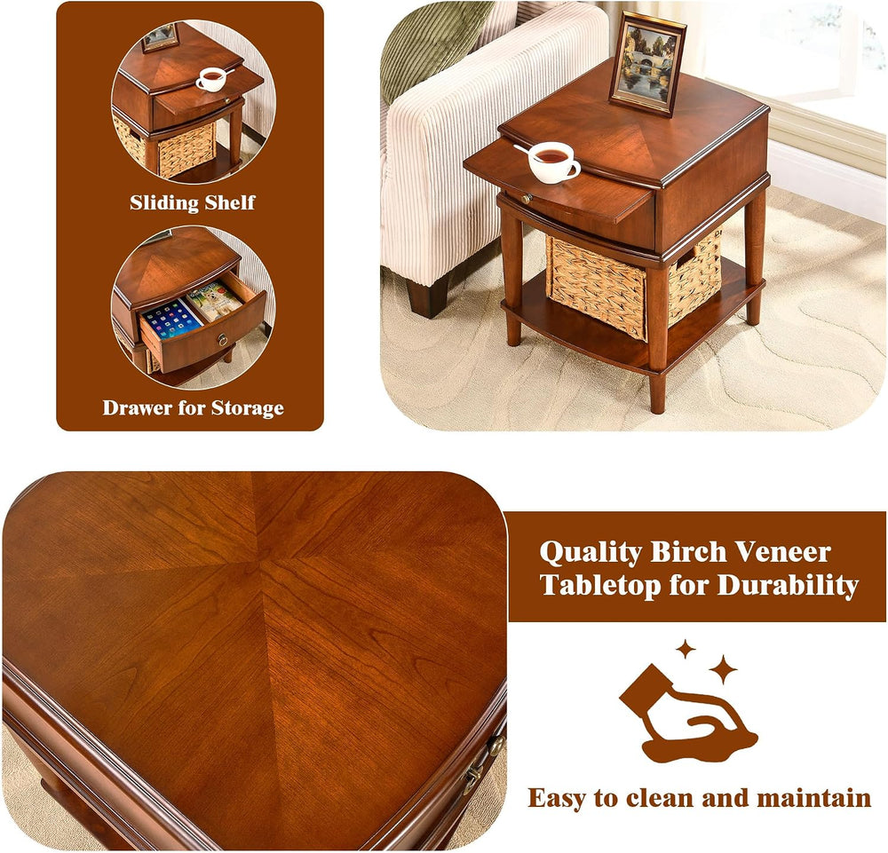 2 Tier Solid Wood Square End Table with Drawer, Wooden Sofa Side Table with P...