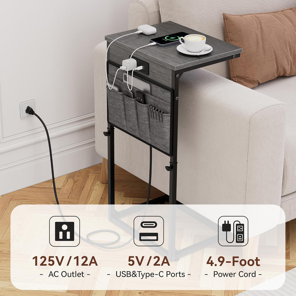 Vagusicc C-Shaped End Table with Charging Station, Small Side Table for Couch...