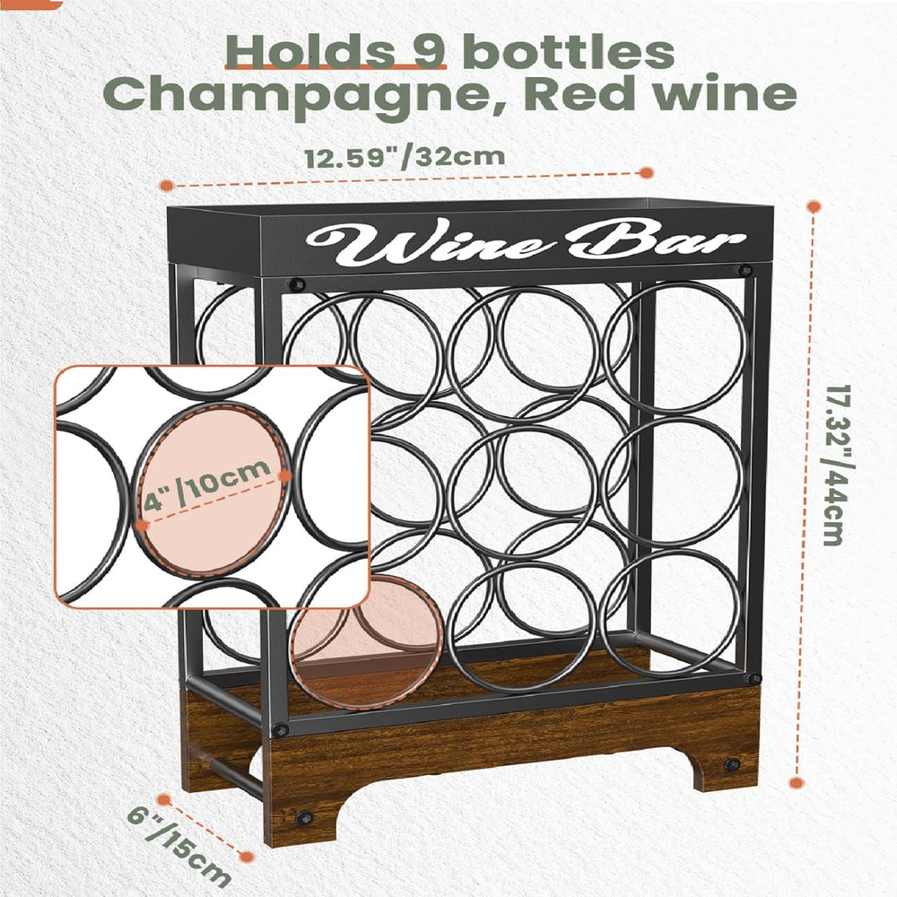 9 Bottles Wine Racks Countertop Freestanding with Top Tray, Modern Black Meta...