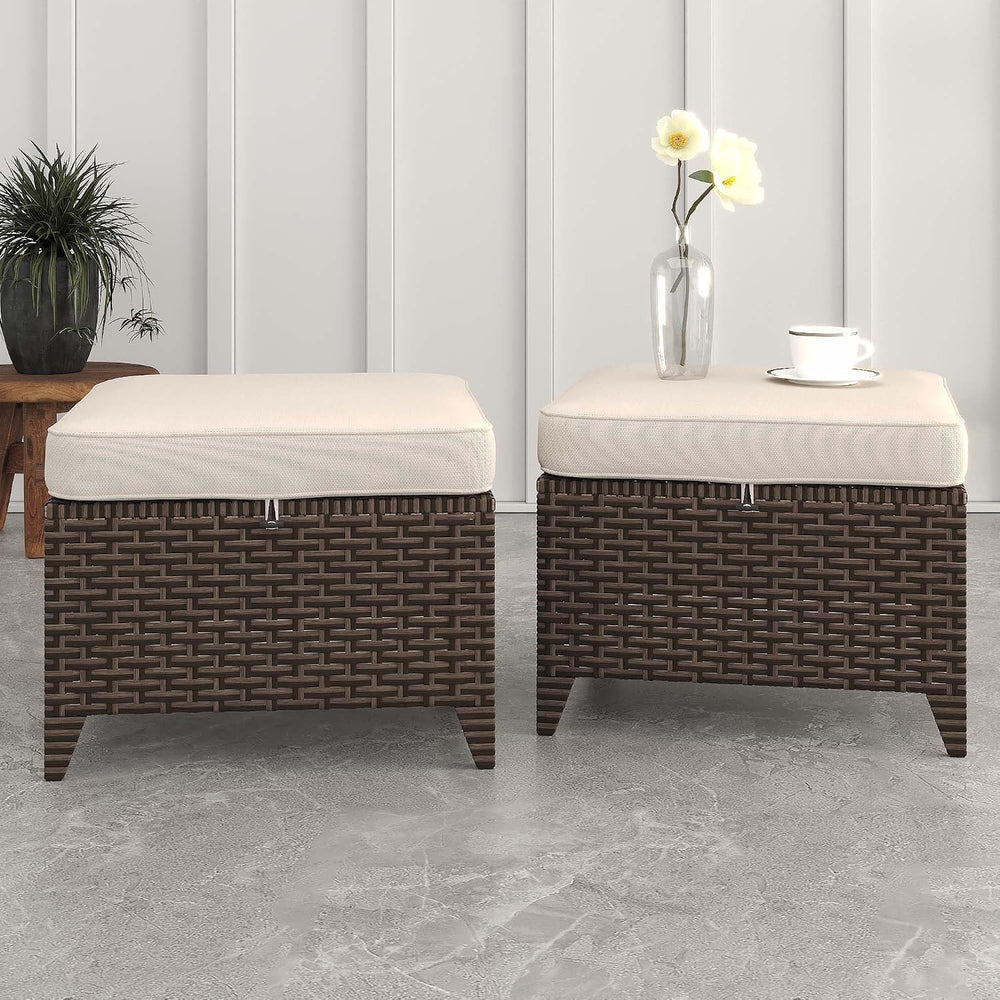 Patio Ottomans 2 Pieces, Outdoor 22" x 22" PE Wicker Ottoman with R...