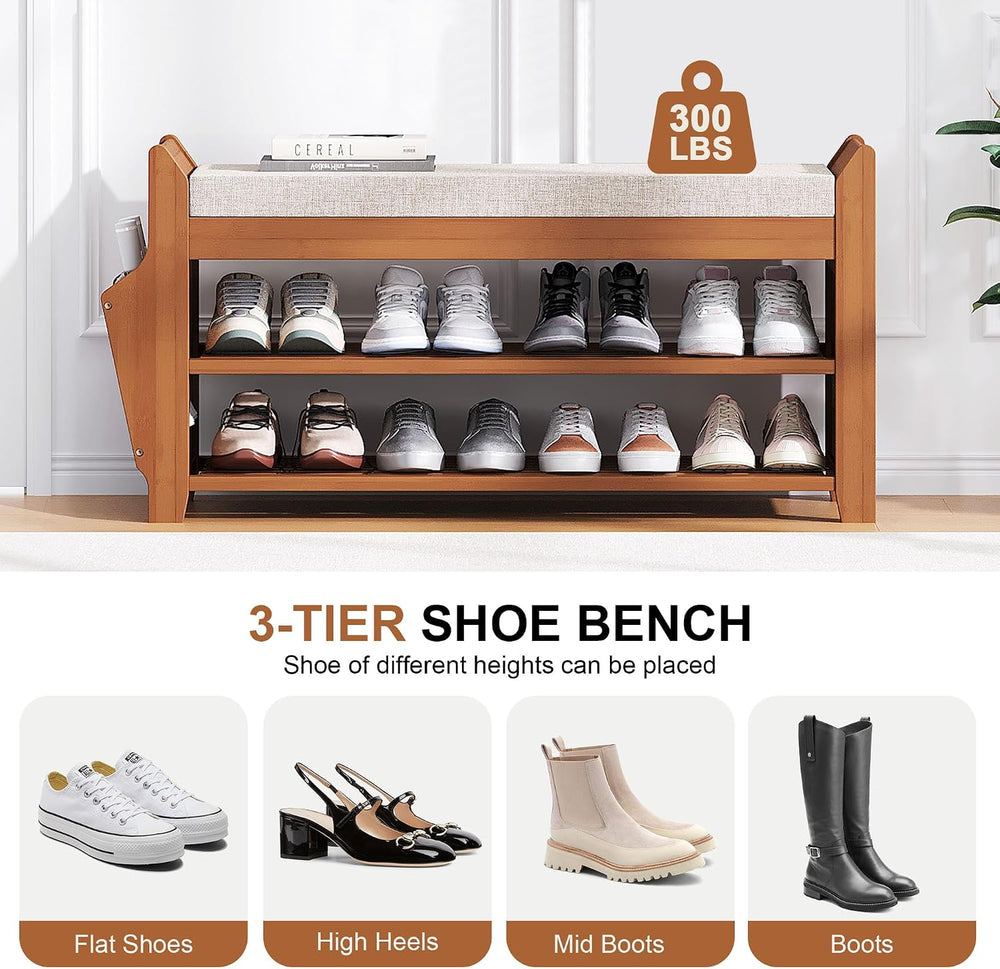 PETKABOO 31.5" Shoe Bench with Coat Rack Hidden Drawer and Side Holder, ...