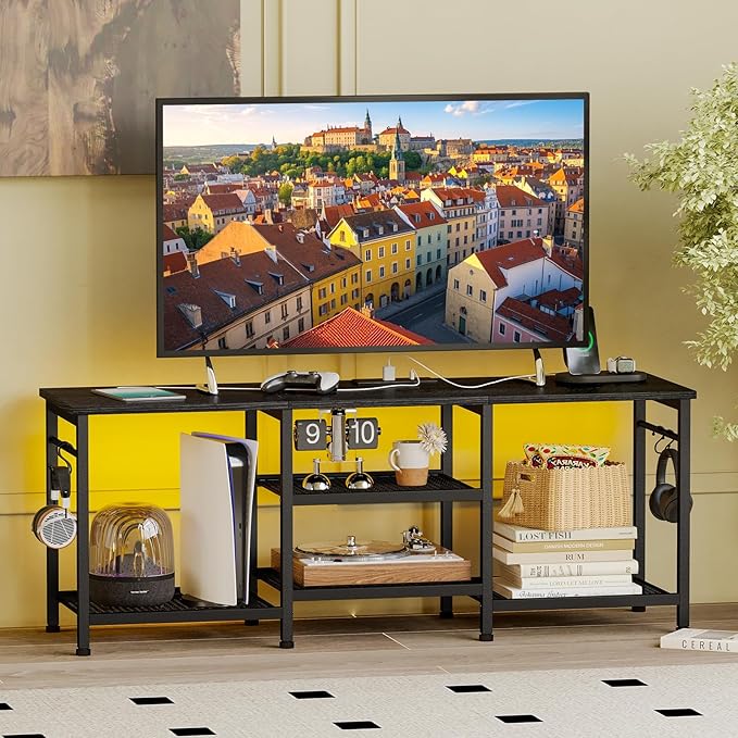 YGEOMER Black TV Stand Entertainment Center for 55 Inch TVs, with Charging St...