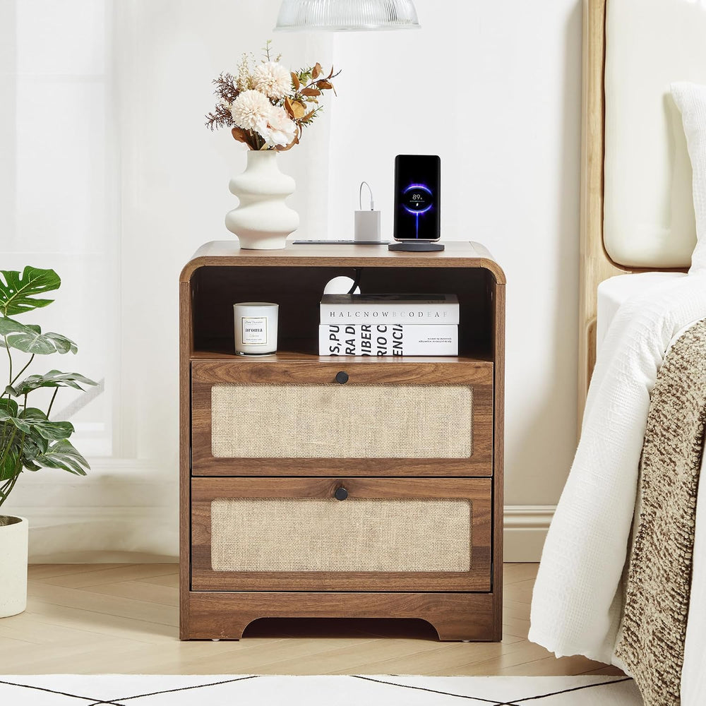 Farmhouse Nightstand with Charging Station, Night Stand with 2 Drawers, Mid-C...
