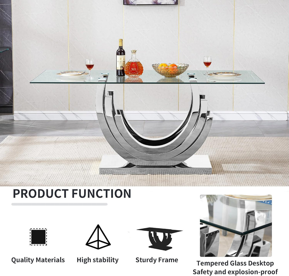 7 Piece Dining Table Set with 6 Beige Dining Chairs, Modern Glass Kitchen Tab...