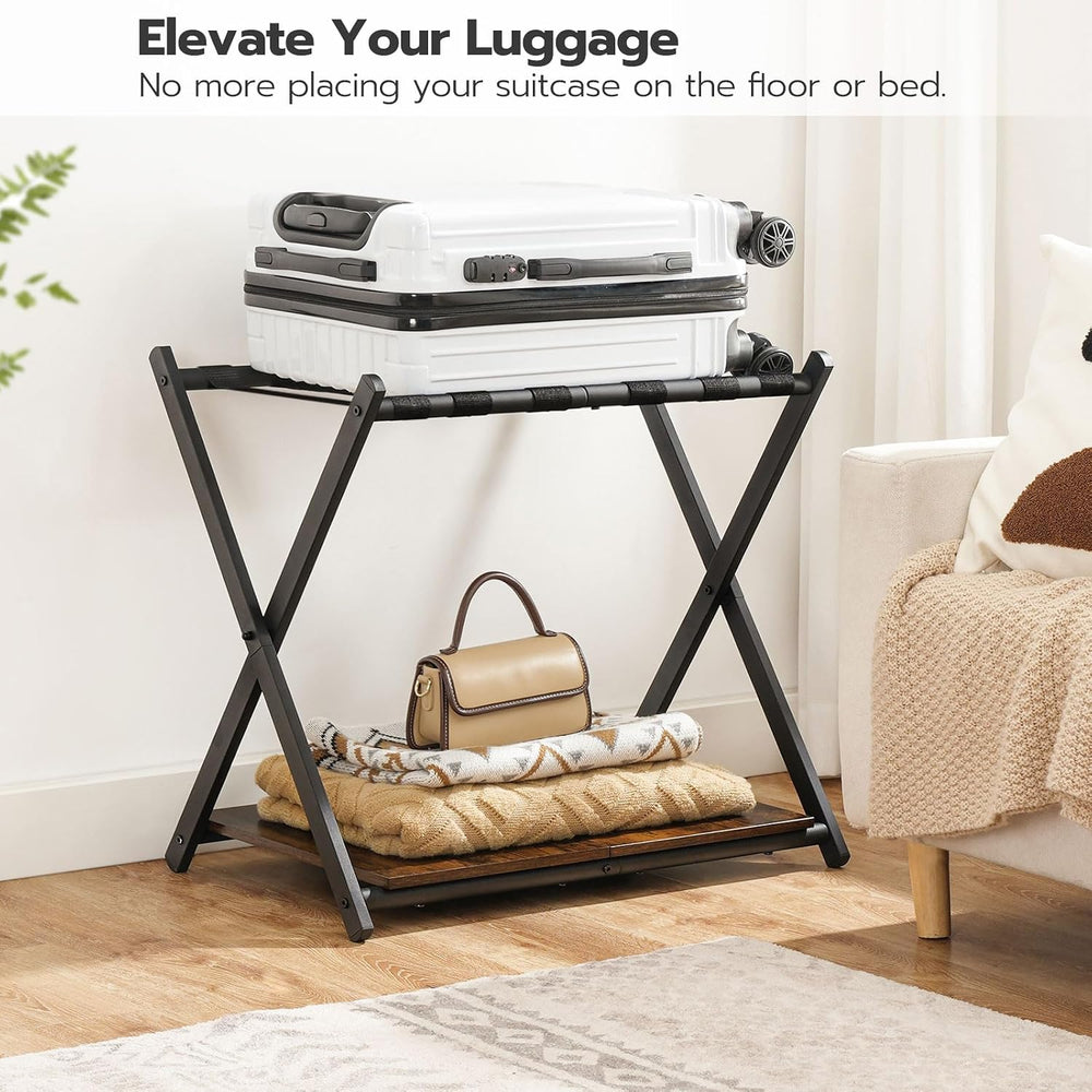 HOOBRO Folding Luggage Rack, Suitcase Stand Holder with Wooden Storage Shelf,...