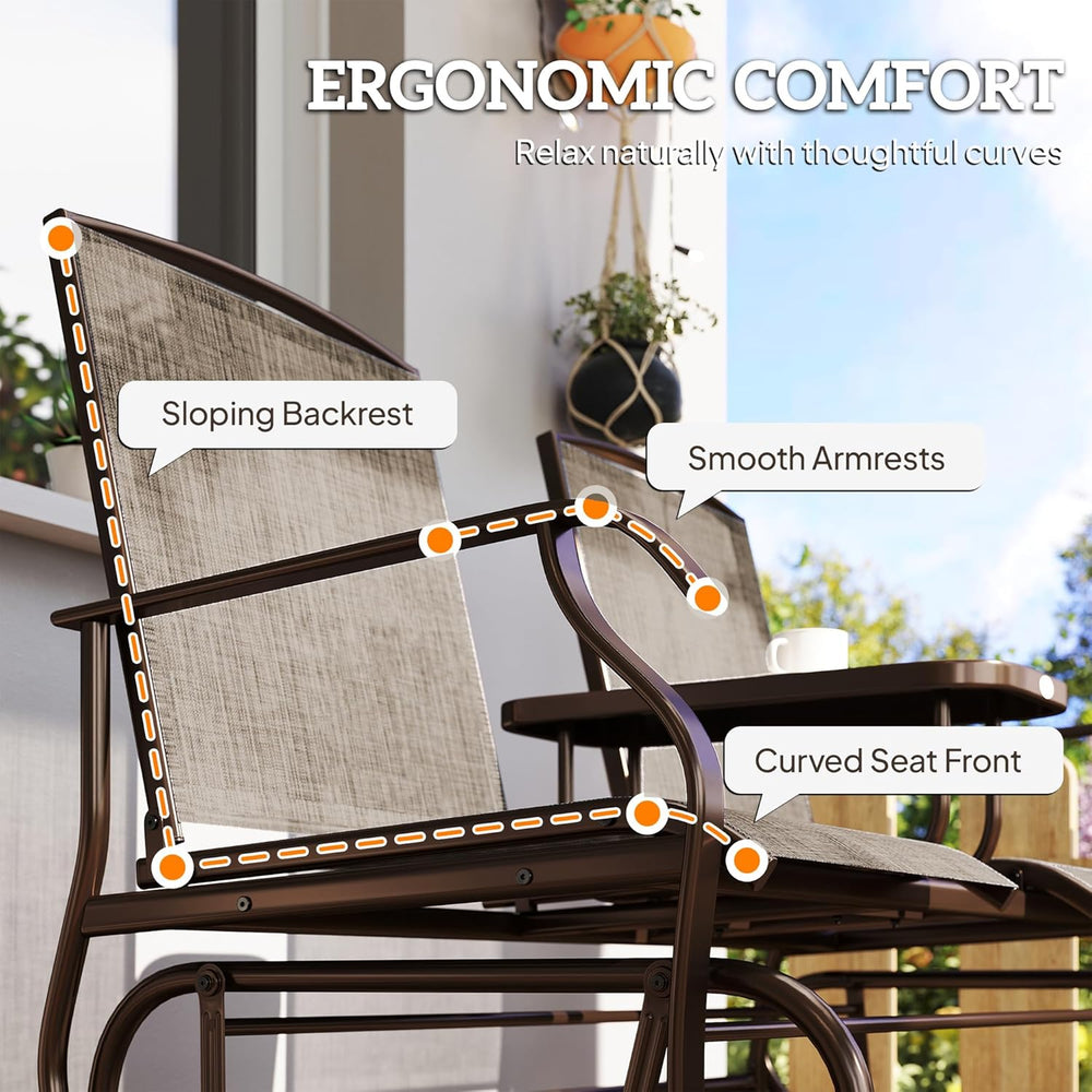 Outsunny Outdoor Glider Bench with Center Table Metal Frame Armrests Brown | ...