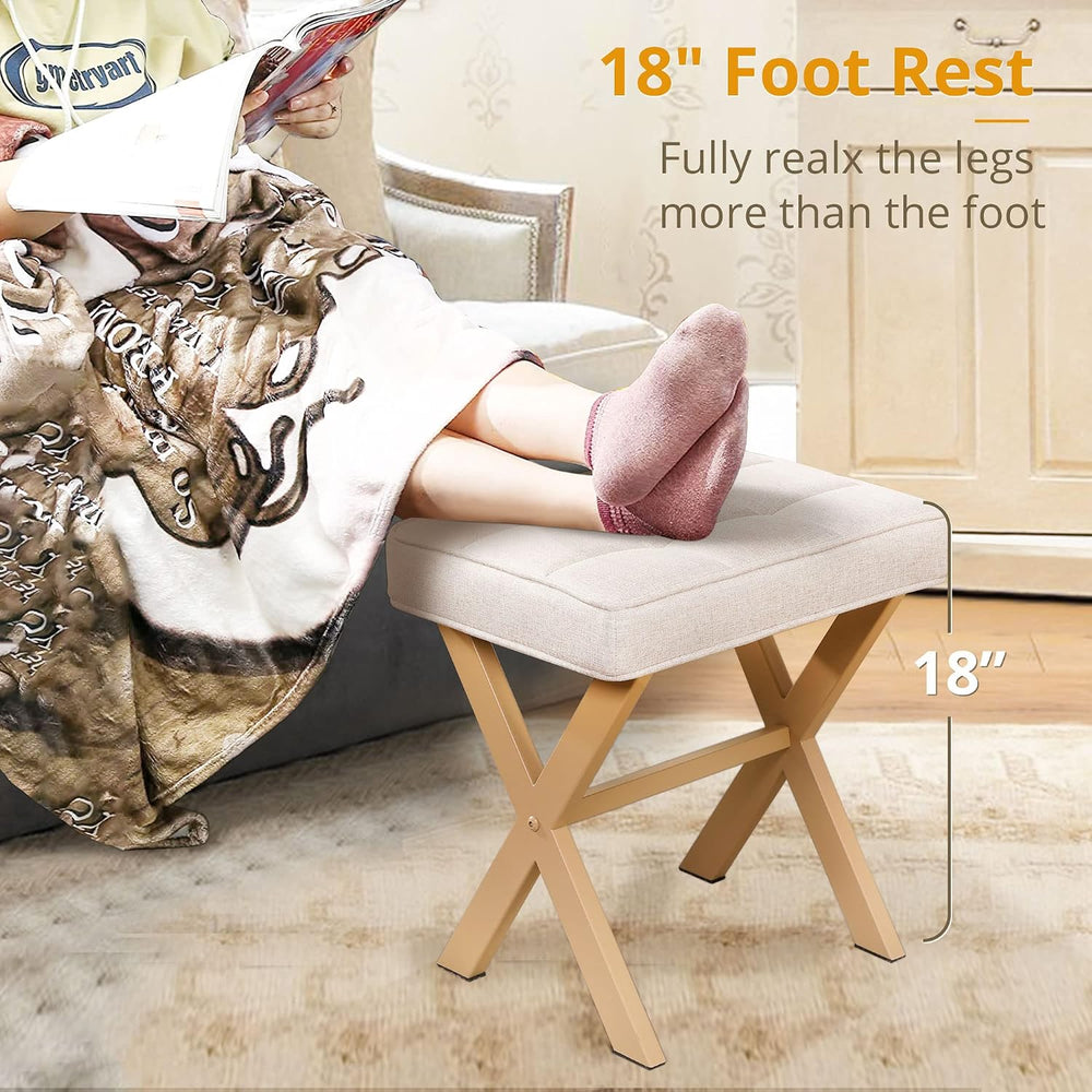 LUE BONA Square Linen Makeup Stool, Metal X Legs, Small Ottoman Stool Chair f...