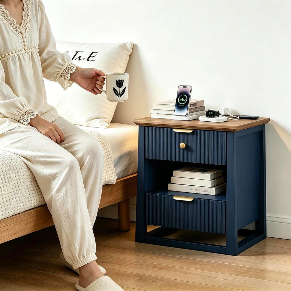 HIFYOBRO Fluted End Table with Charging Station and Motion Sensor Light, Mode...