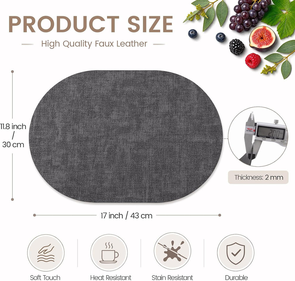 Homaxy Oval Faux Leather Placemats Set of 6, Easy to Clean, Dark Grey