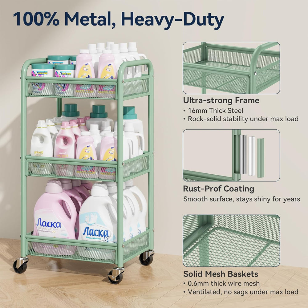 YASONIC 3 Tier Metal Rolling Cart, Green Utility Storage Cart with Wheels | M...