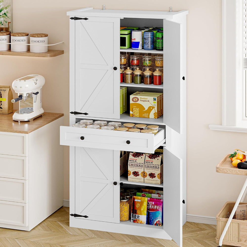 BORNOON Pantry Organizers and Storage Cabinet, 67.7” Barn Door White Kitchen ...