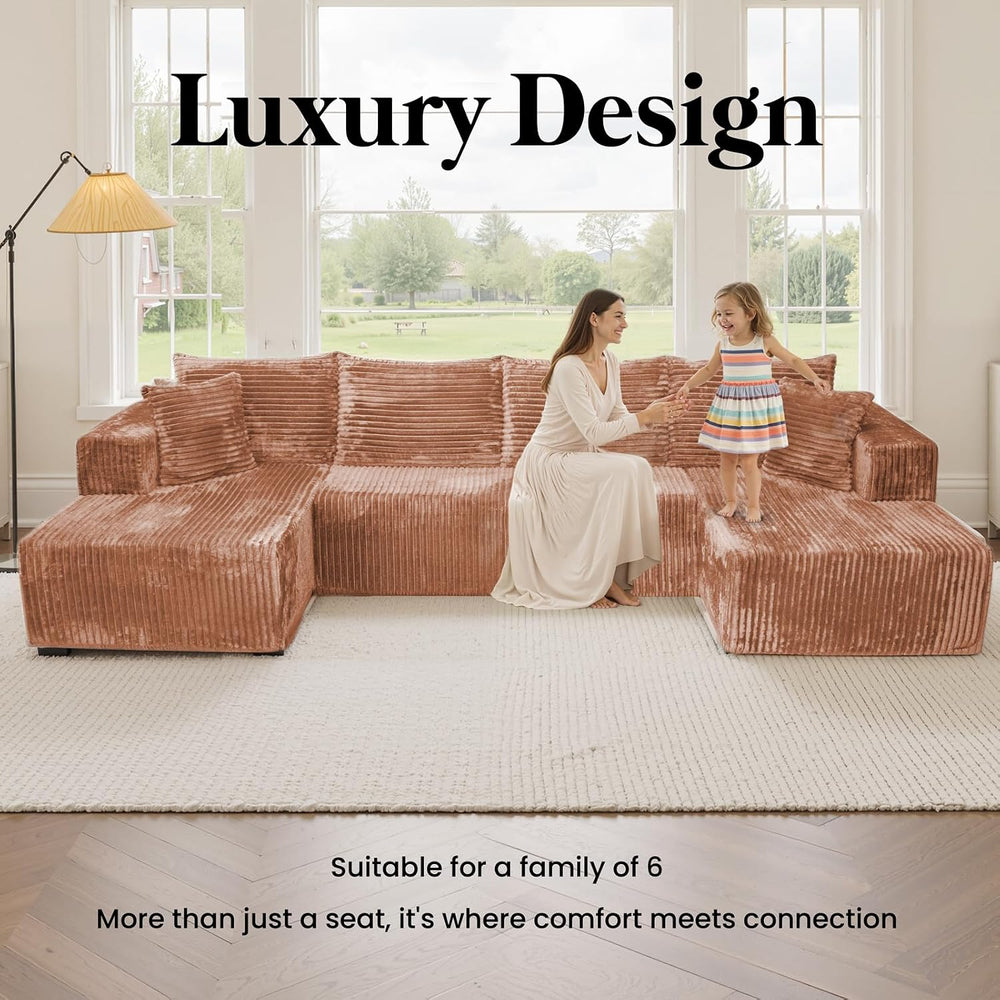 130'' U Shaped Boneless Couches, Corduroy Modular Sectional Sofa Brown