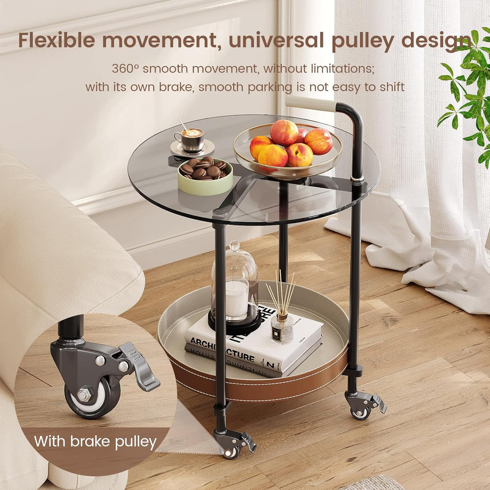 Sofa Side Table, 2-Tier Metal Frame Glass Top End Table on Wheels, Round Besi...