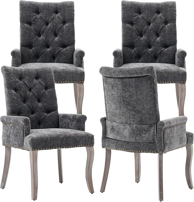 Upholstered Tufted Chenille Dining Chairs with Arms & Nailhead Trim – Sol...