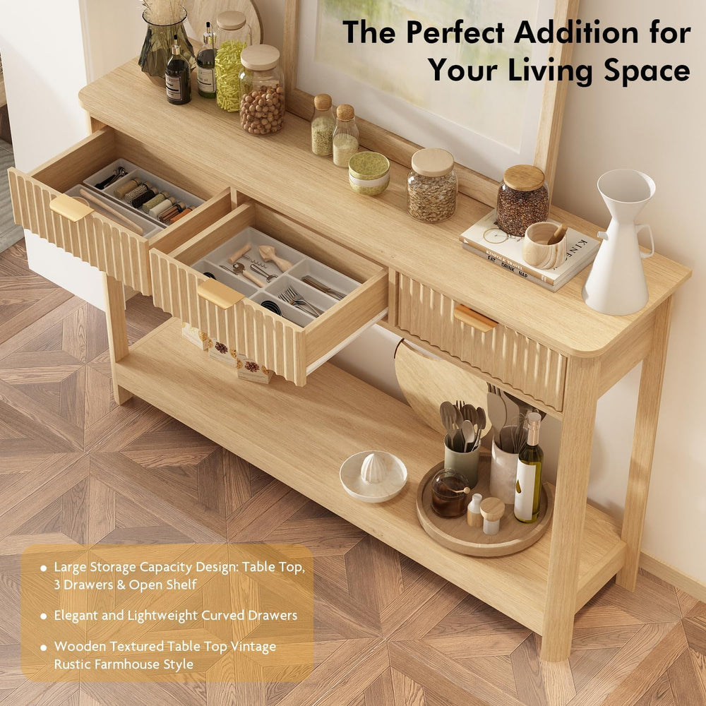 RUSTOWN Fluted Wood Console Table with 3 Drawers, 47.2" Boho Entryway Table