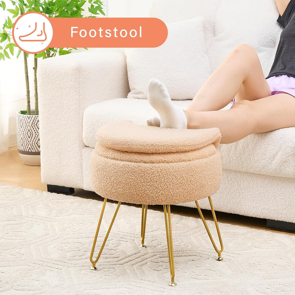 Vanity Stool Chair with Storage and Folding Back, Round Ottoman, Multifunctio...