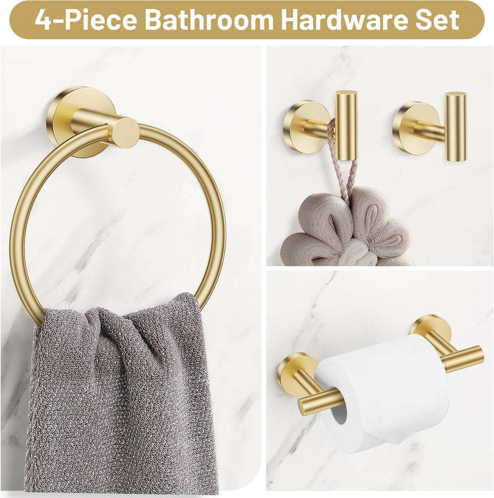 Brushed Gold Bathroom Hardware Set, Toilet Paper Holder, Towel Ring & Hooks