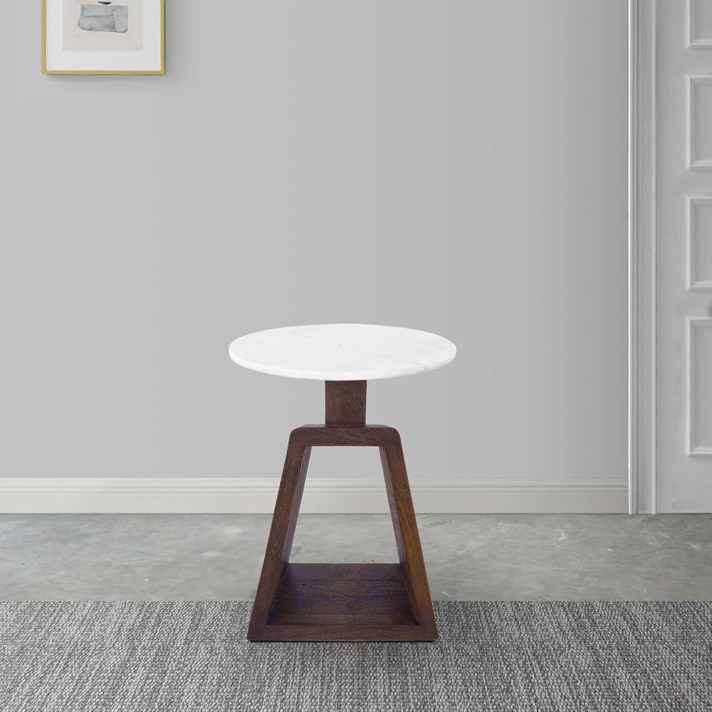 Port Blair Side End Table, 16.5 Inch Height, Round White Genuine Marble Top, ...