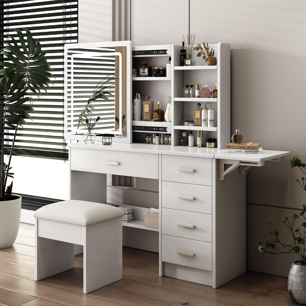 Runboll Vanity Desk with Mirror and Lights, Makeup Vanity Table Set with Chai...
