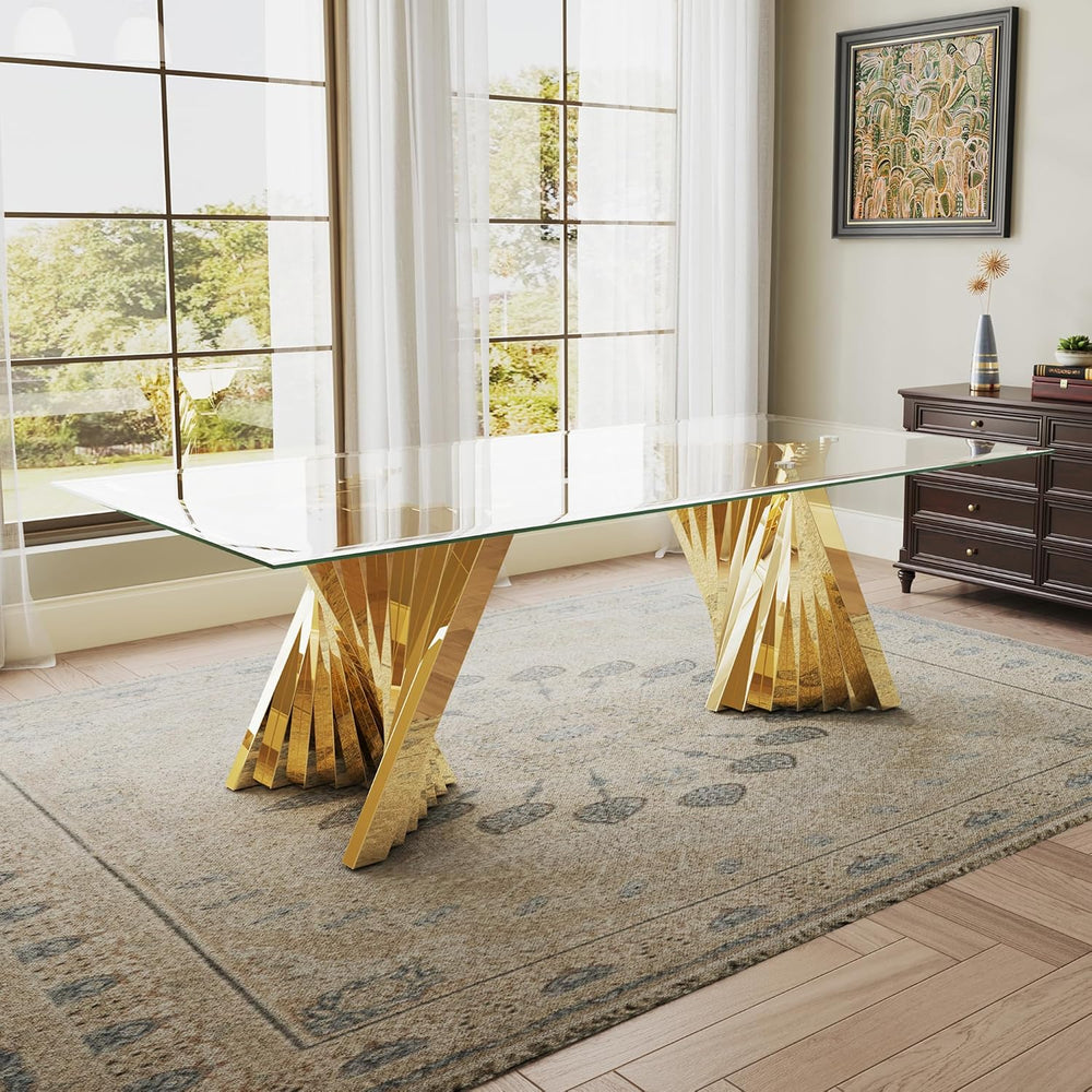 Luxury 94" Glass Dining Table for 8-10 People, Modern Rectangle Tempered...