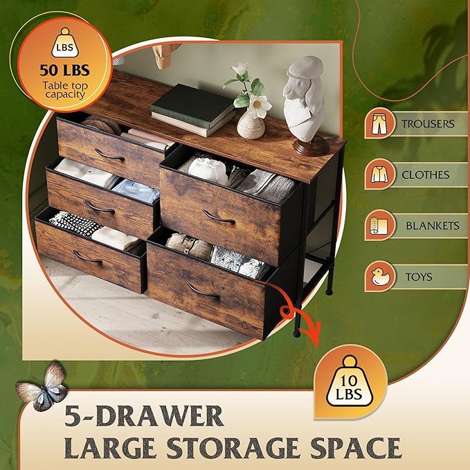 WLIVE Dresser for Bedroom with 5 Drawers, Wide Chest of Drawers for Bedroom, ...