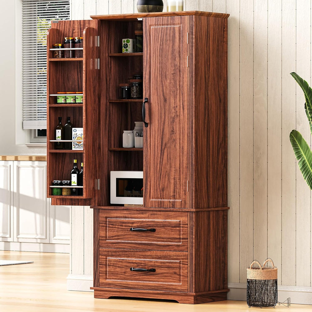 71" Farmhouse Kitchen Pantry Cabinet with 2 Large Drawers,Embossed Textu...