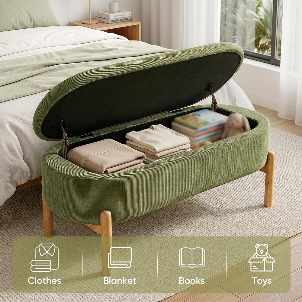 Storage Bench Ottoman With Hidden Storage And Corduroy Fabric, Green | Oval U...