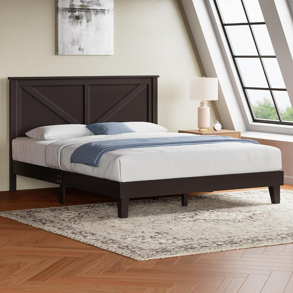 Yaheetech Queen Size Platform Wood Bed Frame, Farmhouse Headboard, Espresso