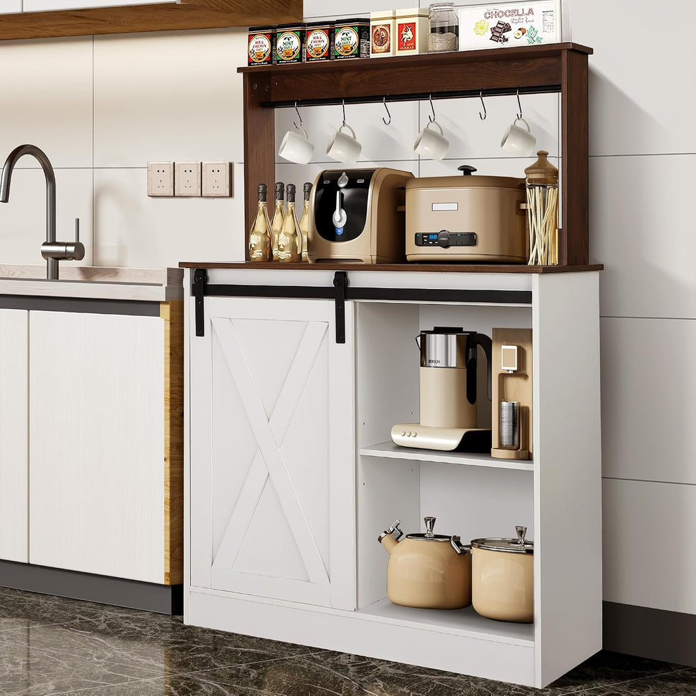 Farmhouse Coffee Bar Cabinet with Sliding Barn Door and Storage