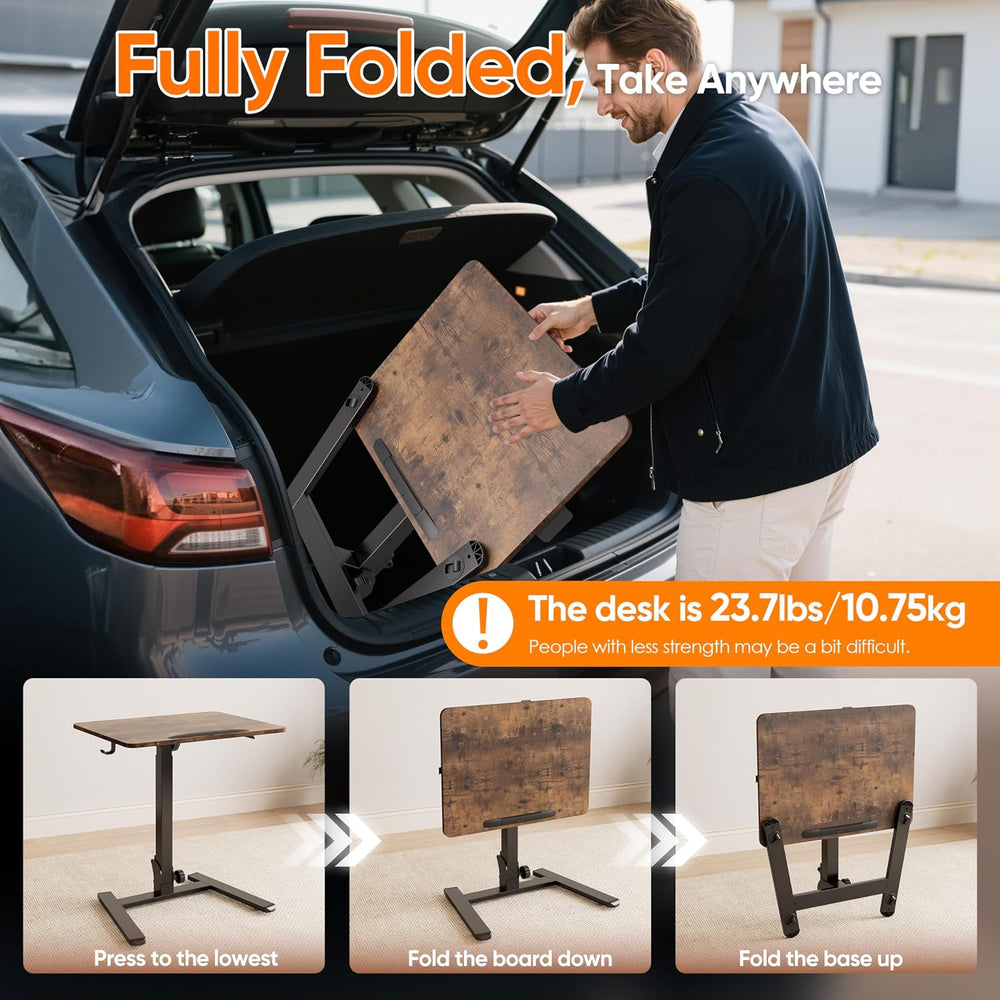 Monomi 25“ Mobile Folding Desk,Pneumatic Sit-Stand Table,No Assembly,Brown