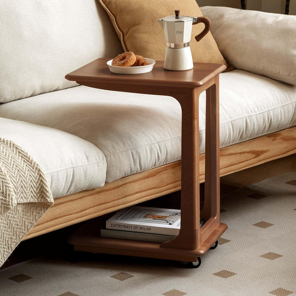 YESWOOD 100% Solid Wood C Shaped Side Table with Wheels, Small Side Table for...