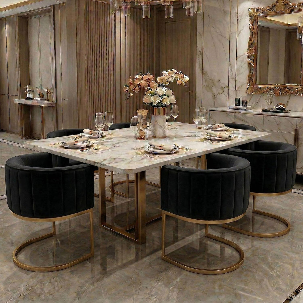 Hyfirm Black and Gold Barrel Dining Chairs Set of 6, Modern Velvet Upholstere...