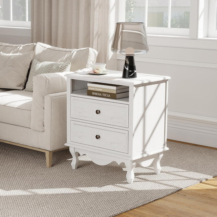 Solid Wood Nightstands Set of 2, Fully Assembled Night Stand with 2 Drawer & Open Shelf Storage, Bedside Table with Charging Station, Mid-Century Modern End Table for Bedroom, White