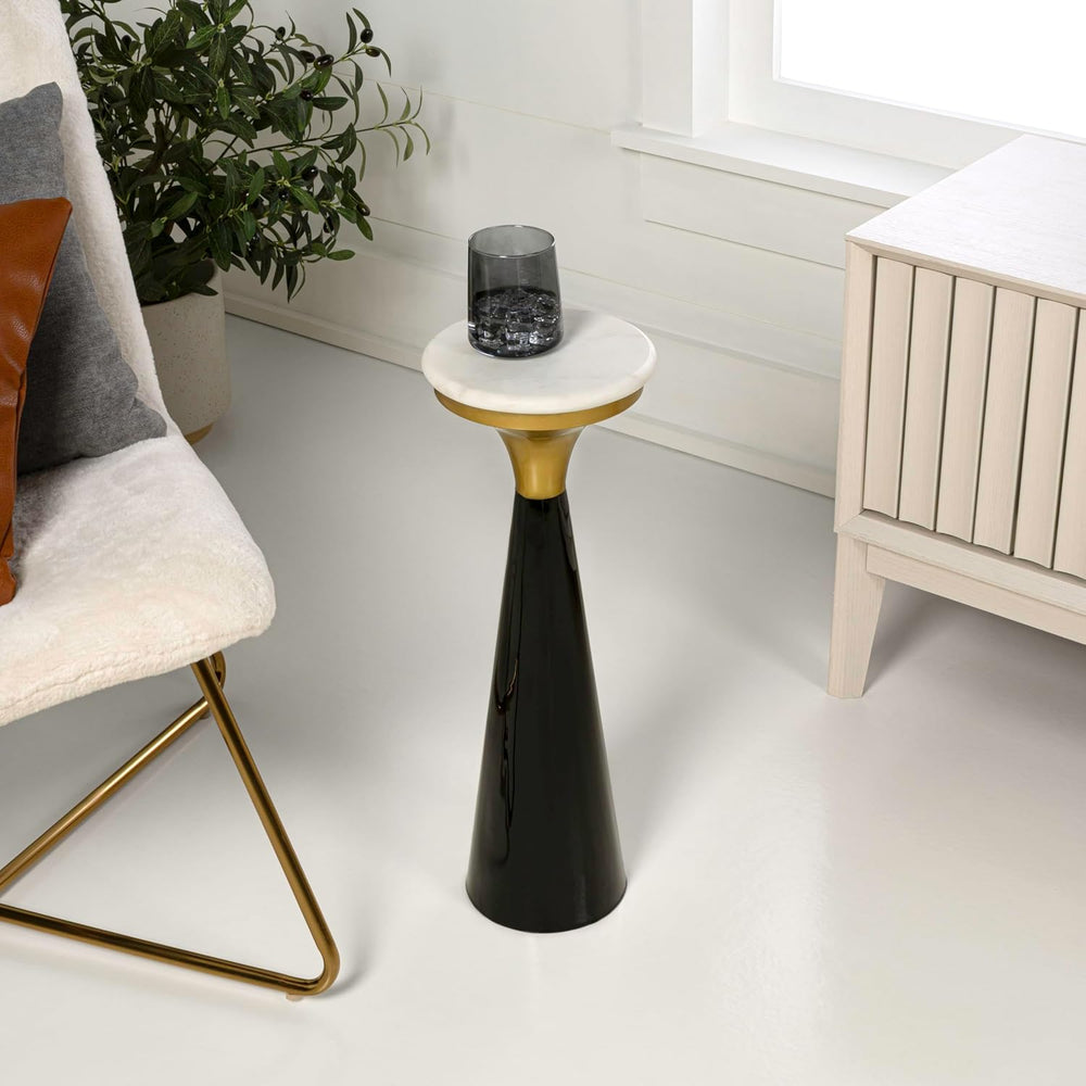JONATHAN Y Oliver 8" Round Marble Pedestal Drink Table, Black/White/Gold...