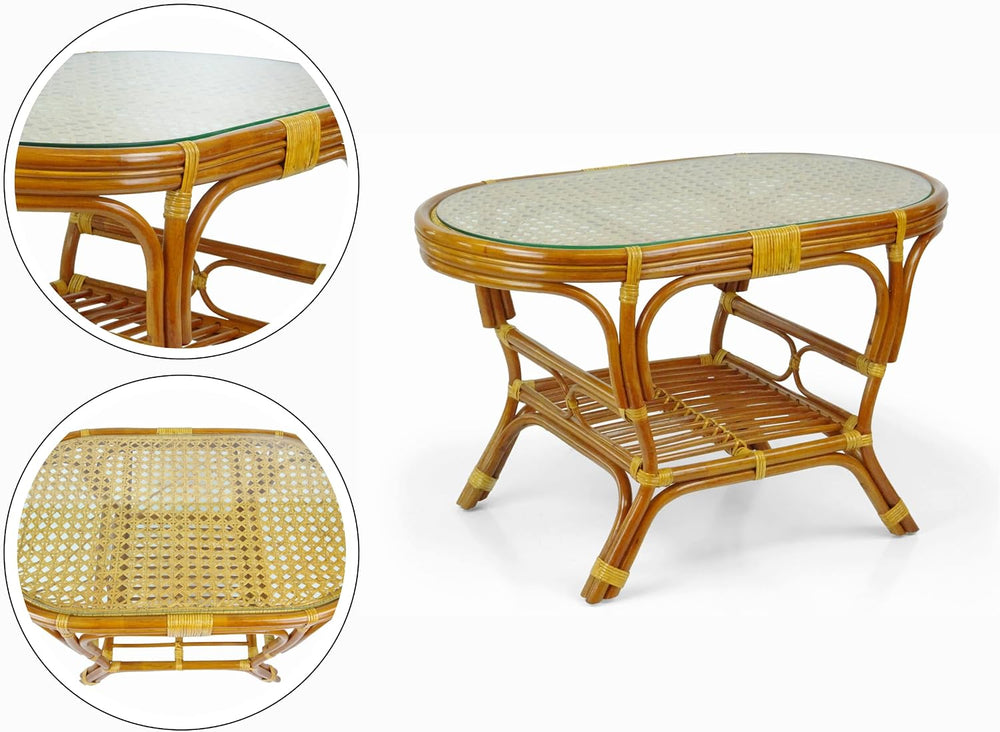 Malibu Lounge Set of 4: 2 Natural Rattan Wicker Chairs, Three-Seater Sofa wit...