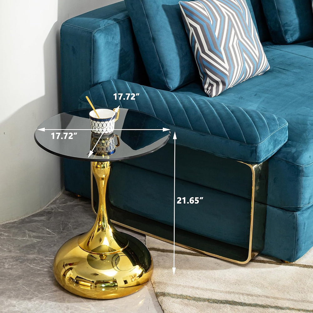 Luxury Round End Table Gold Metal Base 17.7inch Black Tempered Glass Top Mode...