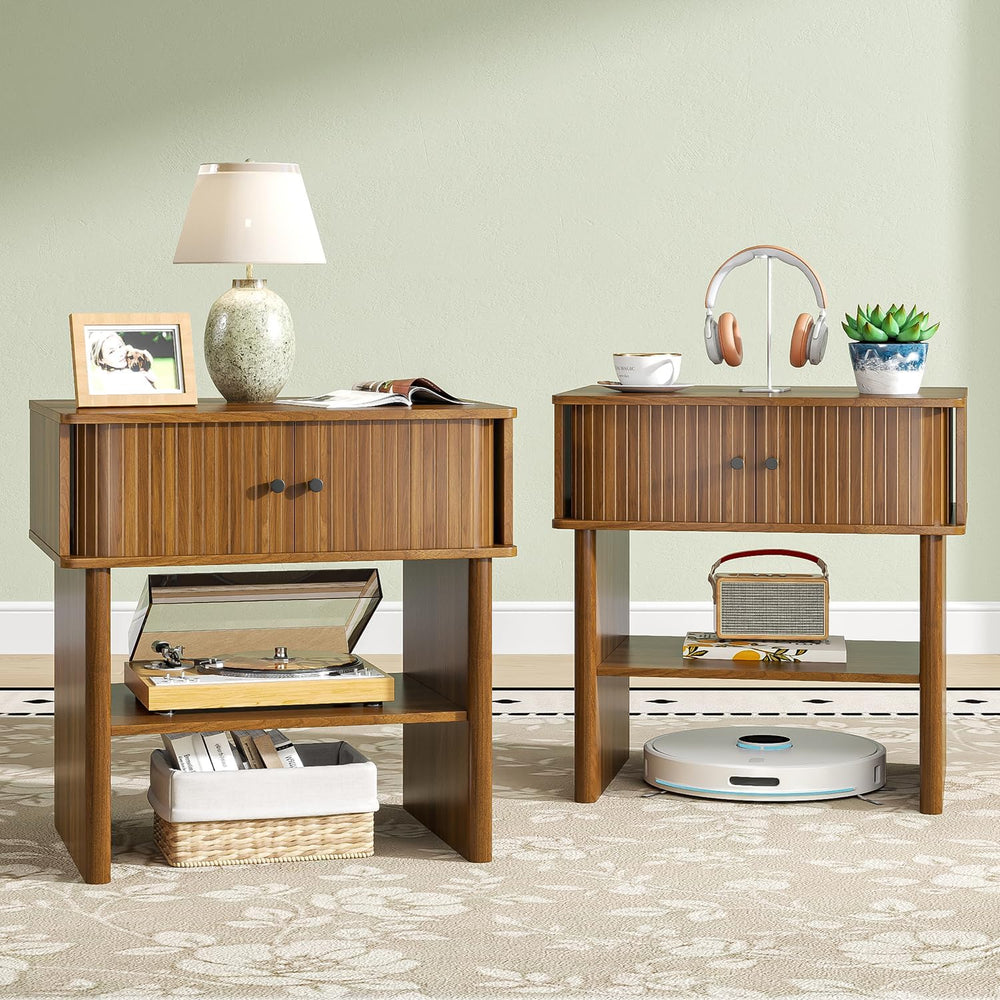 Fluted Nightstand Set of 2, Walnut End Table with Sliding Doors, Bedside Tabl...