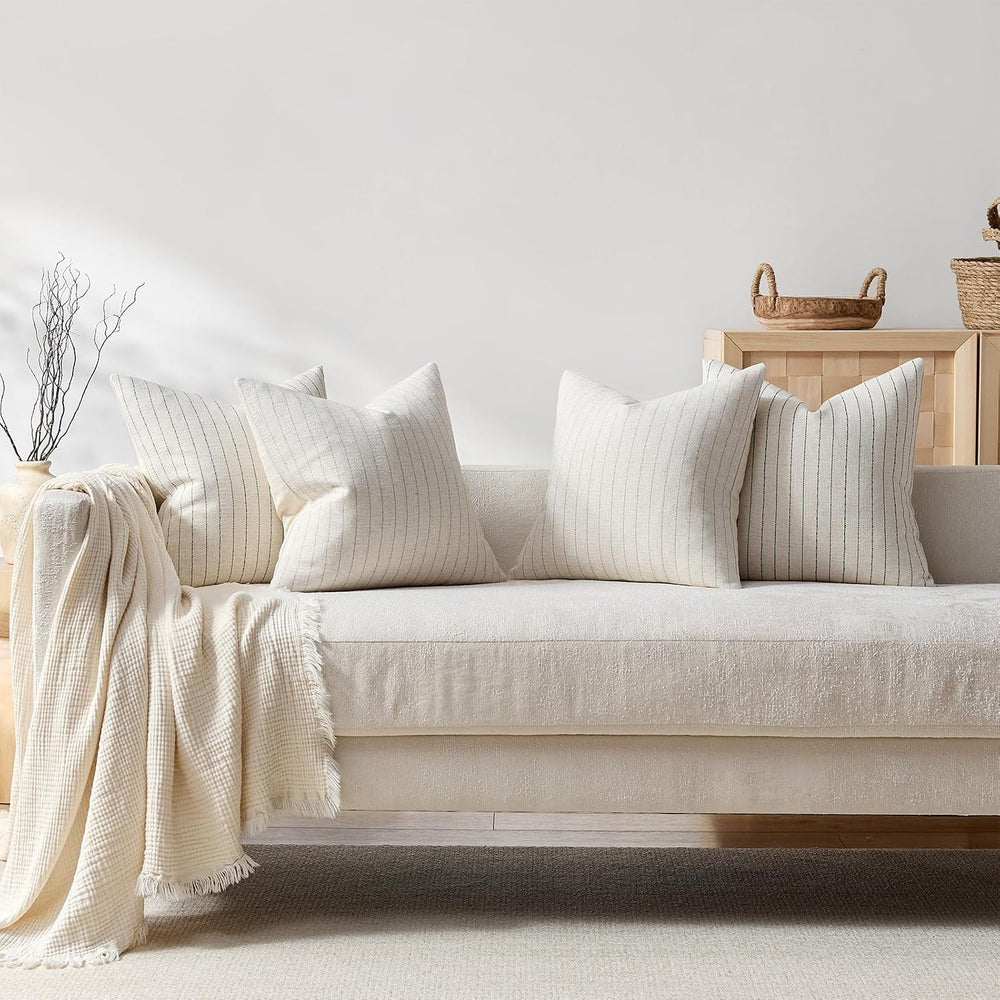 DEZENE Pack of 2 Linen Striped Throw Pillow Covers 26x26 Neutral Euro Sham Co...
