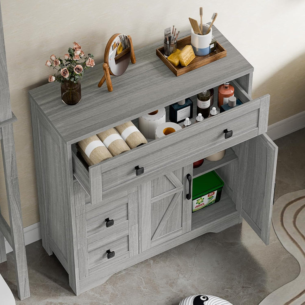 Vabches Farmhouse Storage Cabinet with 2 Doors and 4 Drawers, Wash Grey