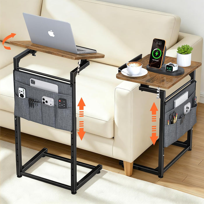 Small C Shaped End Table Set of 2, Slide Under Sofa Adjustable Height Side Table with Tilting Desktop, TV Tray Night stand with Storage Bag, Couch Table for Living Room Bedroom Narrow coffee table