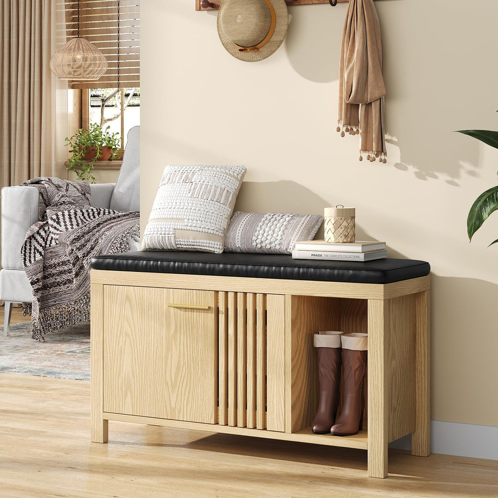 UNIQUITE 40" Shoe Storage Bench with Flip Drawers & Padded Seat Cush...