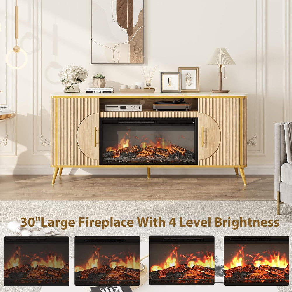 Fluted Fireplace TV Stand Up to 80" TVs, Modern Entertainment Center wit...