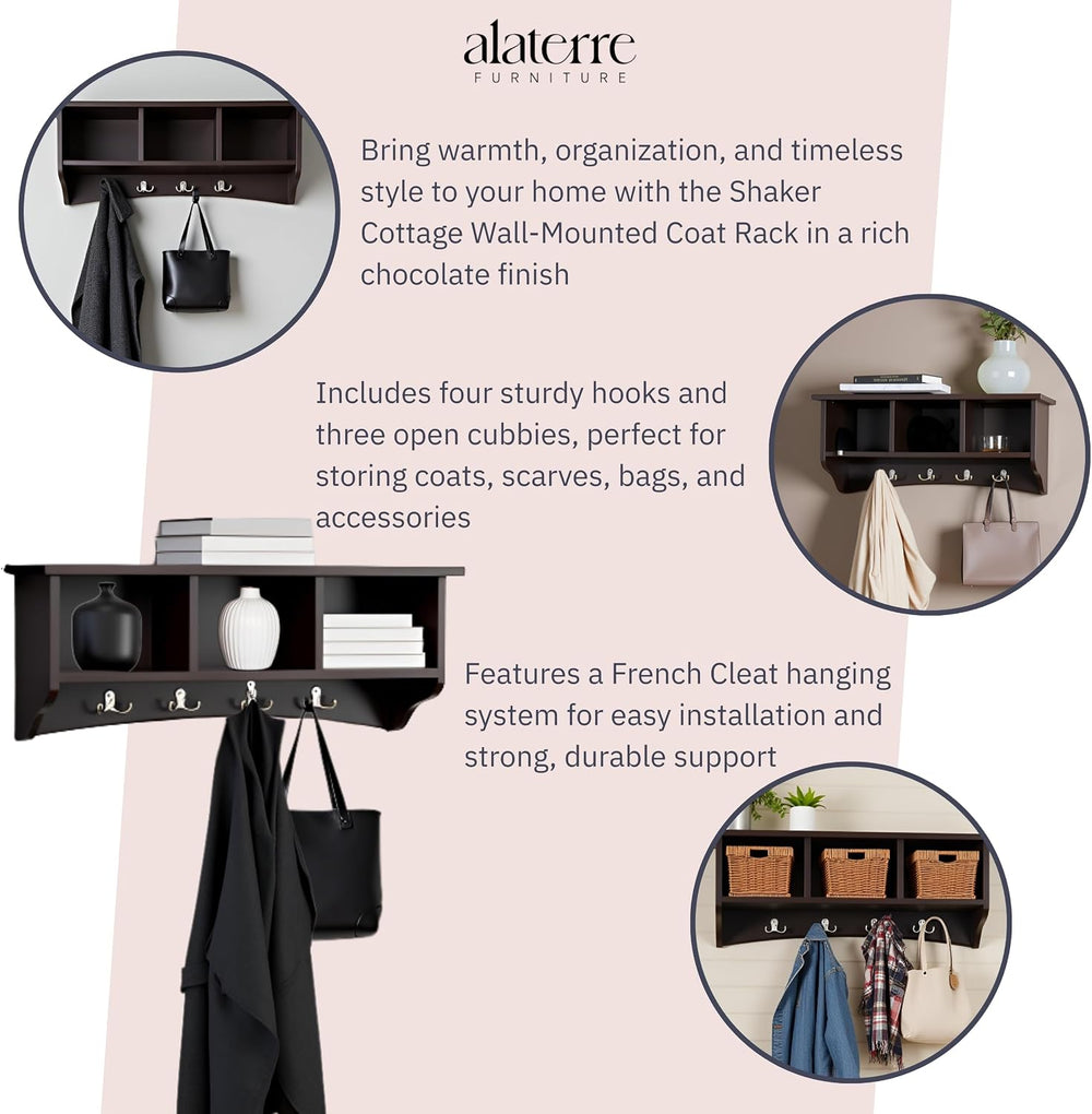 Alaterre Shaker Cottage Wall-Mounted Coat Rack with Cubbies, Chocolate, 36”