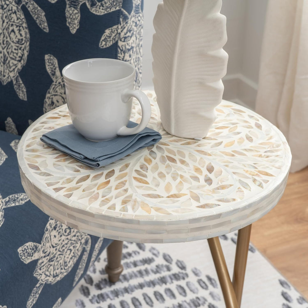 Linon Dabelle Cream Capiz Round Side Table with Gold Metal Base