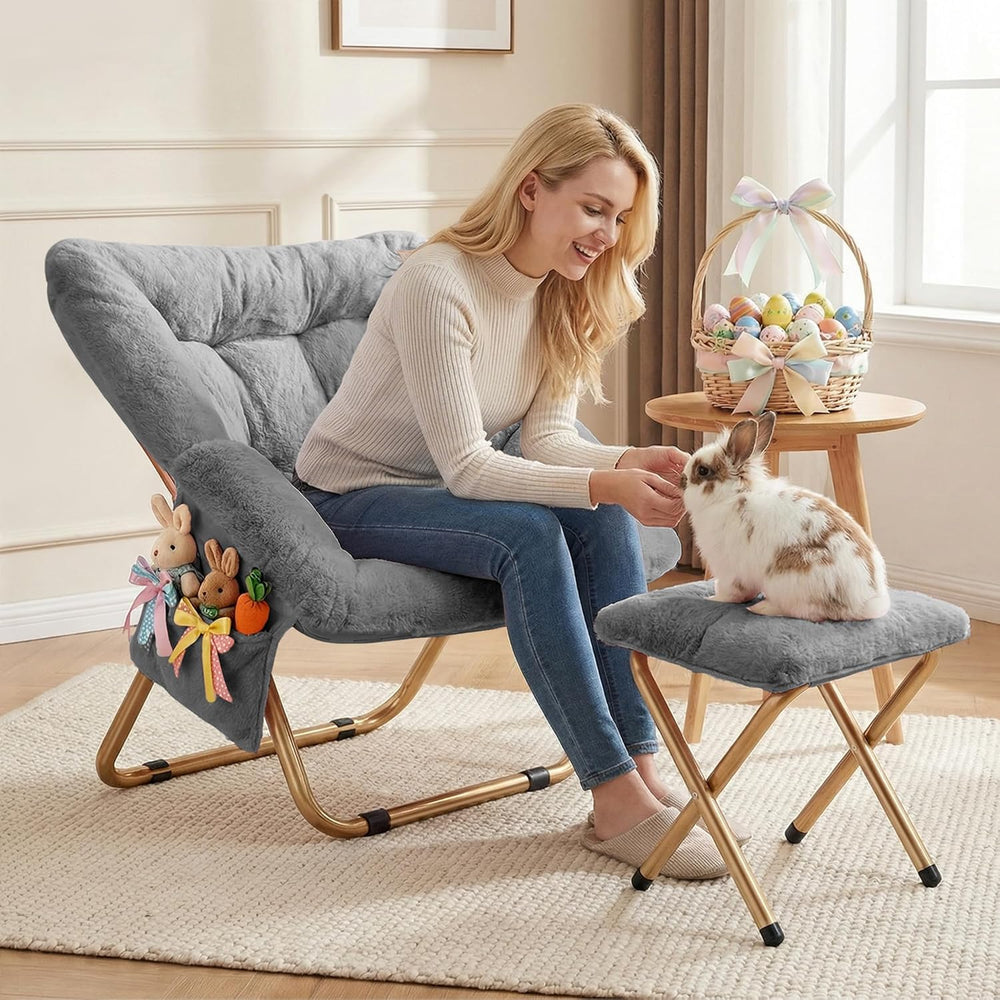 Comfy Saucer Chair, Foldable Living Room Chairs, Soft Faux Fur Lounge Chair f...