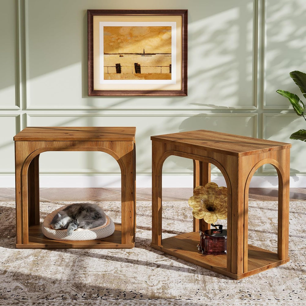 Tribesigns Arched Side Table, 2-Tier Farmhouse Solid Wood End Table with Bott...