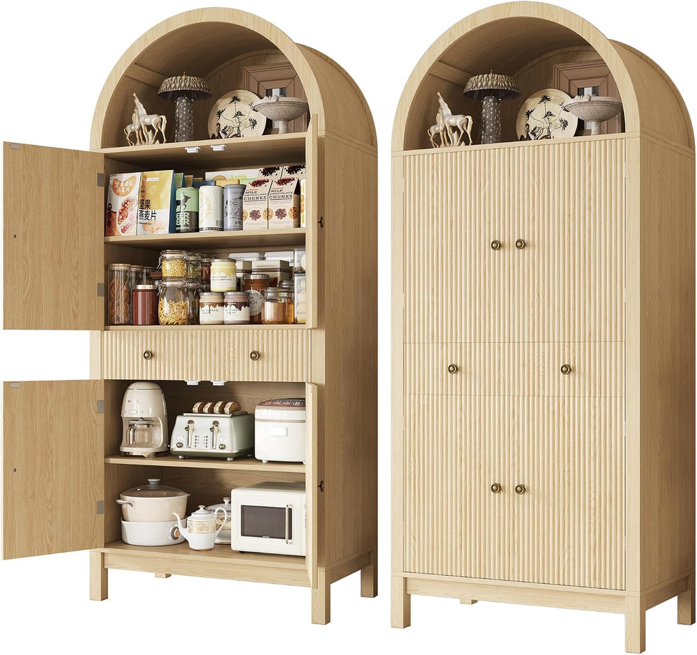 Apicizon 70" Tall Arched Kitchen Pantry Cabinet, 6-Tier Modern Fluted Wo...
